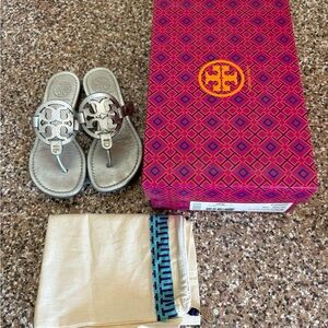 Tory Burch Metallic Sandals with Patterned Box